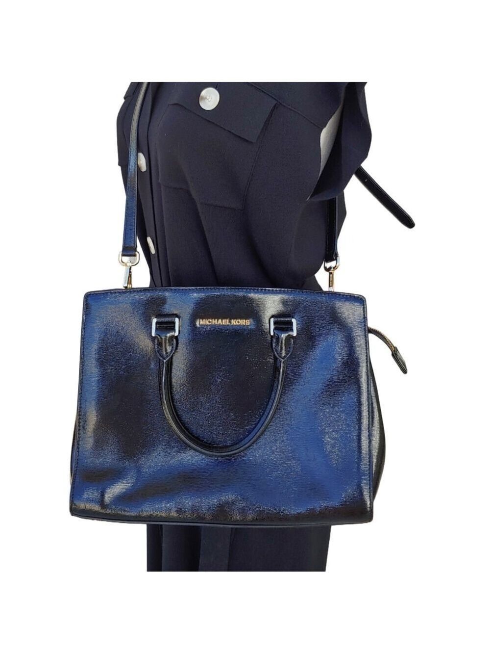 Michael Kors Black Patent LeatherSatchel with Shoulder Strap Gold Hardware